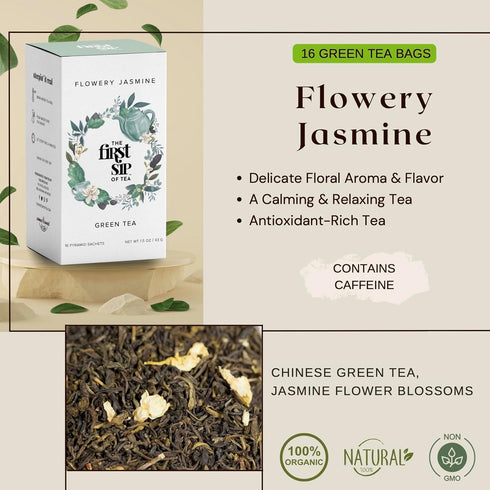 Flowery Jasmine Tea, Green Tea Bags, Pure Leaf Flower Blossoms, Natural, No Artificials, Hot & Iced - 16 Cups | The Spice Hut, First Sip of Tea...