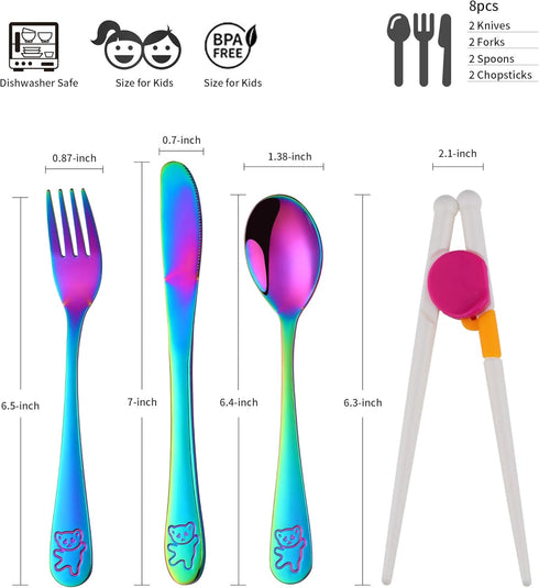Kids Silverware, Poylim Stainless Steel Children Flatware Set, Toddler Utensils Set of 2, Rainbow...