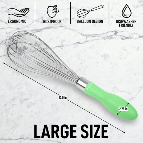 Zulay Kitchen Stainless Steel Balloon Whisk 12 Inch – Heavy Duty and Durable Wire Whisk with Non-Slip Silicone Handle for Blending, Whipping & Bea...
