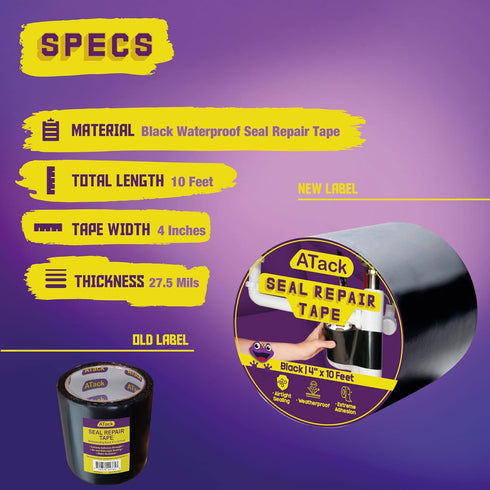 ATack Waterproof Patch and Seal Tape, Black, 4 Inches x 10 Feet, Water Barrier Tape for Stop Leak Repair on Pipes, Chimney, Roof, Boat, and HVAC...