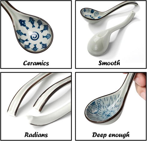 Ceramic Soup Spoons Set of 6 Asian Soup Spoon Ceramic Ramen Spoons, Long Handle Japanese Soup Spoon for Dumpling, Noodles, Miso, Chinese Wonton...