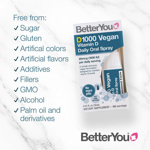 BetterYou D1000 Vegan Vitamin D Oral Spray - Convenient Alternative for Tablets - Plant-Origin - Promotes Strong Bones, Teeth and Immune System - ...