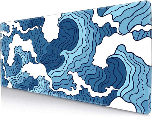 Japanese Blue and White Wave Gaming Mouse Pad XL - Non Slip Rubber Base Large Mousepad - Waterproof Stitched Edges Desk Pad, Extended Mice Pad, 31...