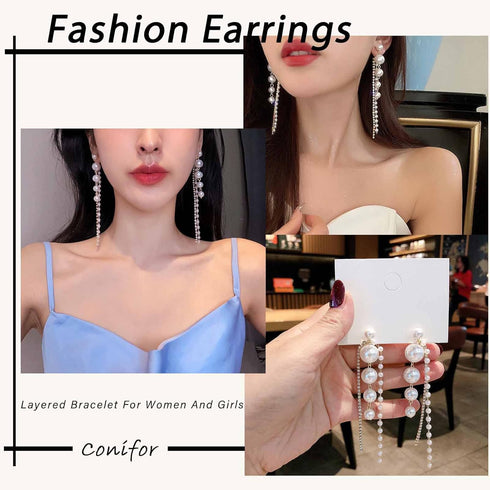 Long Pearl Tassel Drop Earrings Vintage Gold Tiny Crystal Pearl Dangle Earrings Rhinestones Tassel Dangle Pearl Statement Earrings Prom Earrings J...