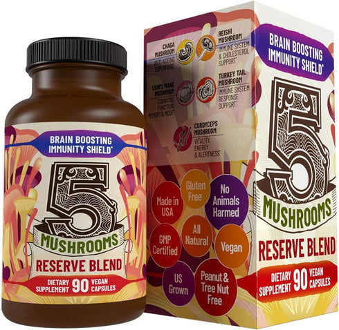 5 Mushrooms Reserve Blend Mushroom Supplement - Lions Mane, Turkey Tail, Reishi, Chaga, Cordyceps - Immune System, Brain, Cognition, Energy, Mood ...