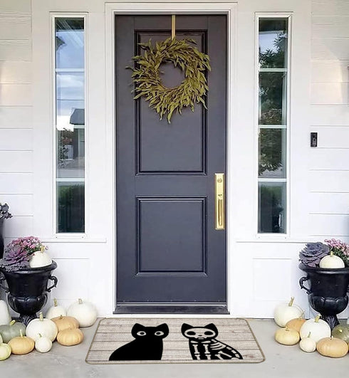 Black Cat and Skeleton Black Cat Door Mat Quirky Cool Checkered Doormat Welcome Mat Housewarming Gift New Home Closing Gift Front Door Mat for Hom...