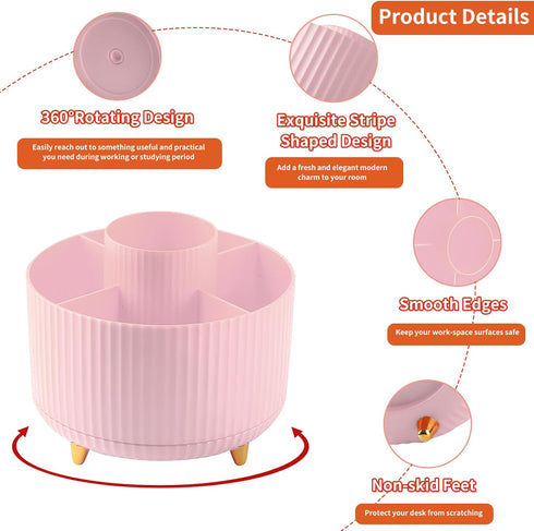 Desk Pencil Pen Holder, 5 Slots 360°Degree Rotating Pencil Pen Organizers for Desk, Desktop Storage Stationery Supplies Organizer, Cute Pencil Cup...