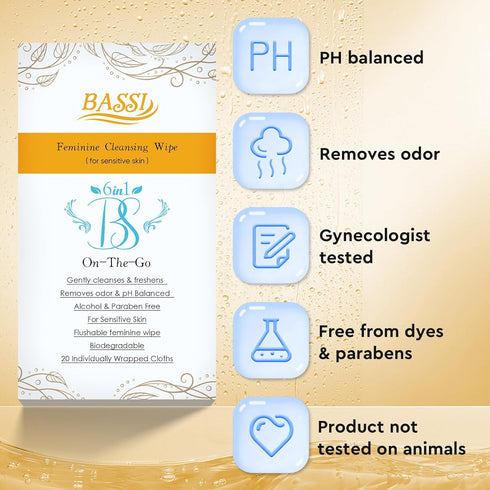 BASSI Feminine Wipes Flushable - 40 Counts Daily Freshening Vaginal Wipes, pH balanced, Removes Odor, Anti Itch Deodorant Individually Vaginal Wra...