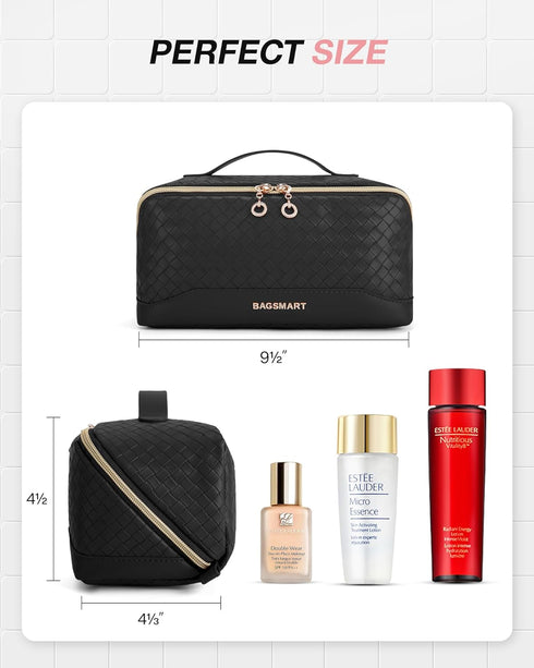 BAGSMART Makeup Bag Cosmetic Bag, Travel Makeup Bag, PU leather Makeup Bags for Women Portable Water-resistent Pouch Open Flat Make Up Organizer B...