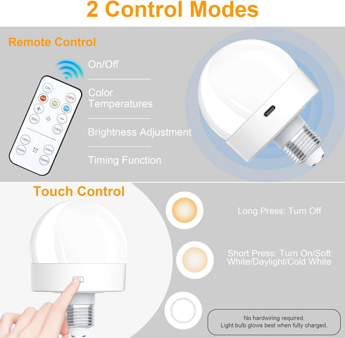 Rechargeable Battery Operated Light Bulbs, 300LM E26 Screw in (Magnetic Detachable) Light Bulb for Lamps with Remote Control Dimmable?Timer, Wirel...