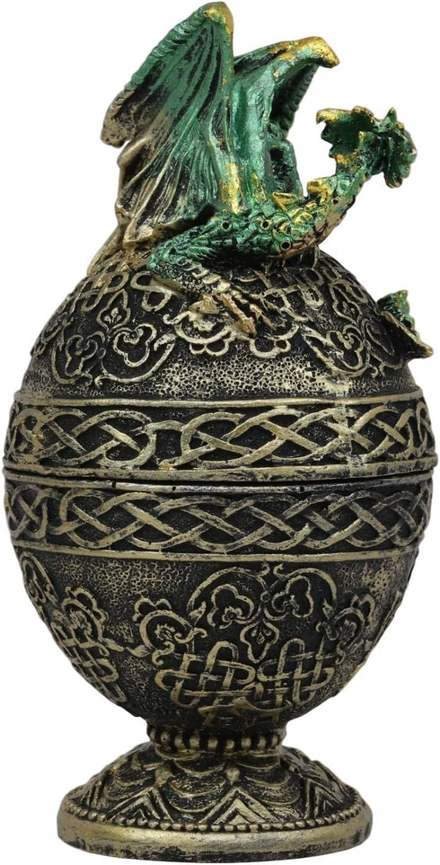 Ebros Gift Green Dragon Perching On Celtic Knotwork Tattoo Relic Golden Egg Decorative Jewelry Box Figurine 6.25" High Fantasy Myths Legends Dunge...