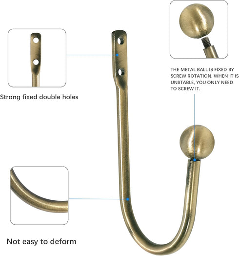 Curtain Holdback, 2 Pcs Wall Mounted Drapery Tiebacks with Screws, Heavy Duty Metal Decorative Window Drapery Holder Curtain Hook, Brass...