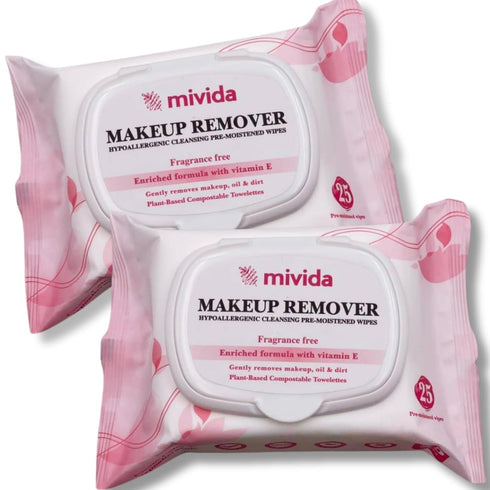 mivida Hypoallergenic Makeup Remover Wipes 2 Pack of 25 Count | Facial Cleansing Make up Remover Face Wipes with Vitamin E | Fragrance Free, Alcoh...