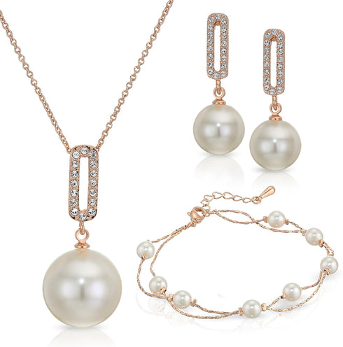 Crystalline Azuria Jewelry Simulated White Pearls Necklace Earrings Bracelet for Women Wedding Party Bridal and Bridesmaid Accessories Rose Gold P...