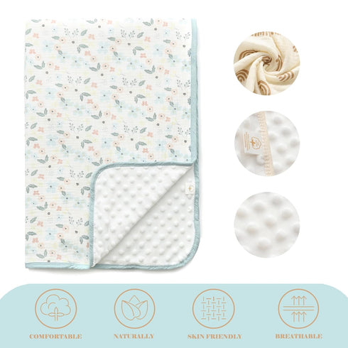 Baby Blanket for Unisex Boys Girls Nursery Minky Blankets with Muslin Cotton Front Dotted Fleece Backing Double Layer Bed Throws Pattern Blue Flor...