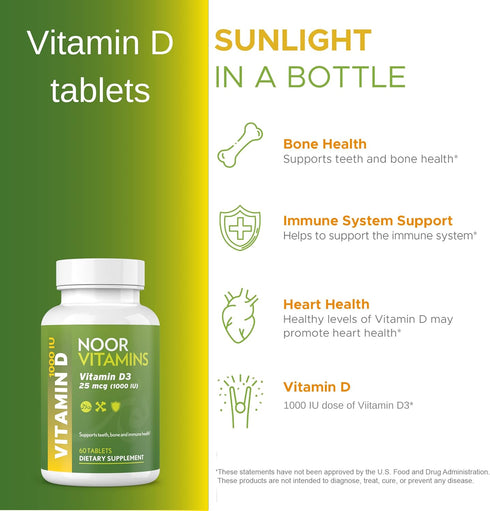 Noor Vitamins Halal Vitamin D, Halal Vitamin D3, 1000 IU Tablets, Supports Bone, Immune & Heart Health, Non-GMO, Gluten Free & Halal (60 Count)...