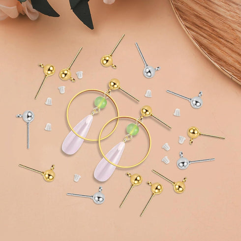 120Pcs Hypoallergenic Ball Studs for Jewelry Making,Round Ball Earring Posts Ball Post Earring Studs with Loop and 200Pcs Clear Earring Backs for ...