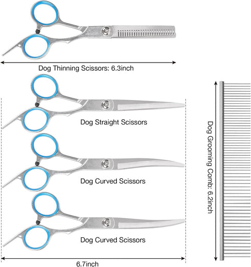 Premium Dog Grooming Scissors with Safety Round Tips, 6 in 1 Dog Grooming Scissors Kit, 4CR Stainless Steel Premium Pet Grooming Shears for Dog, S...