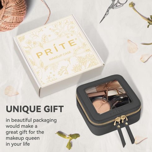 Mini Clear Makeup Bag for Purse Cute Small Travel Cosmetic Bag for Women Waterproof Toiletry Bag Leather Makeup Pouch with Gold Zipper(Black)...