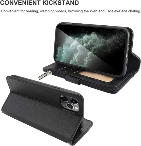 KIHUWEY Compatible with iPhone 12 Pro Max Wallet Case Premium Leather Zipper with Card Holder and Wrist Strap,Kickstand and Protective Lanyard Pur...