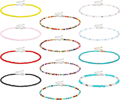 Hicarer 12 Pieces Boho Seed Bead Choker Necklace Colorful Bead Necklaces Rainbow Beach Bead Choker Necklaces for Women...