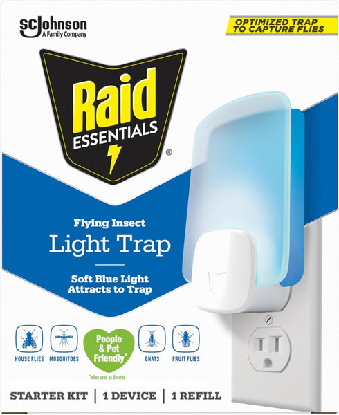 Raid Essentials Flying Insect Light Trap Starter Kit, 1 Plug-In Device + 1 Cartridge, Featuring Light Powered Attraction...