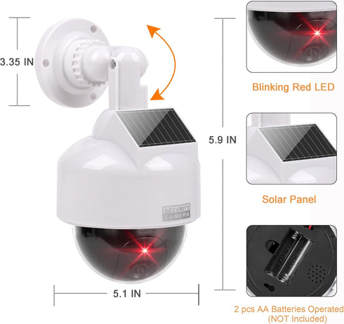 Solar Powered Dummy Fake CCTV Security Dome Camera with Flashing Red LED Light & Warning Security Alert Sticker Decal, Indoor/Outdoor Use...