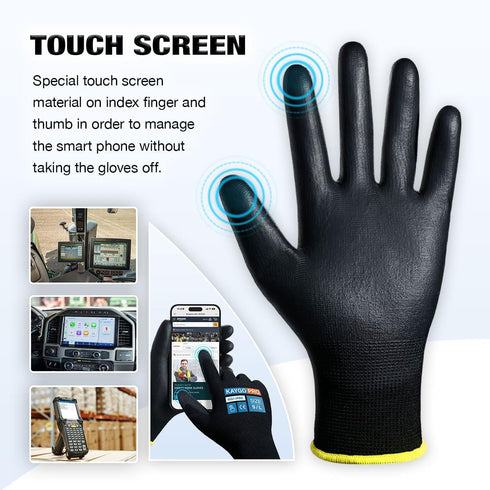 KAYGO Safety Work Gloves PU Coated for Men and Women- KG11PB,12 Pairs,Seamless Knit Glove with Two Fingers Touchscreen,Ideal for General Duty Work...
