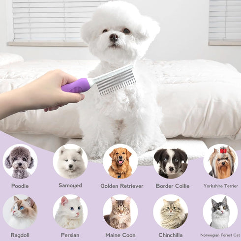 Detangling Pet Comb for Dog & Cat, Grooming Comb with Long & Short Stainless Steel Teeth, Safely Remove Knots & Tangles for Healthy Shiny Coat, Ge...
