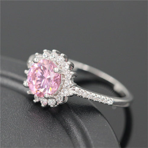 Uloveido Platinum Plated Pink Round Cubic Zirconia Sun Flower Rings for Women Y3522...