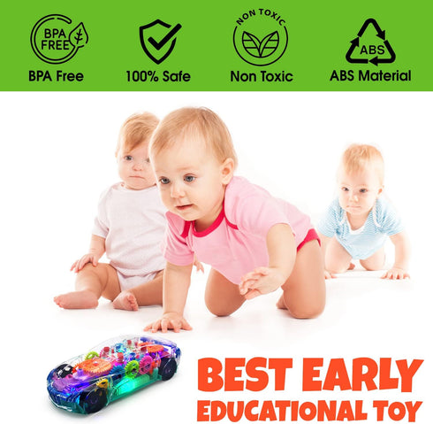 Light Up Transparent Car Toy - Fun and Interactive Electric Car Toy for Kids- Music Car with LED - Colorful Moving Gears -Tummy Time Crawling Baby...