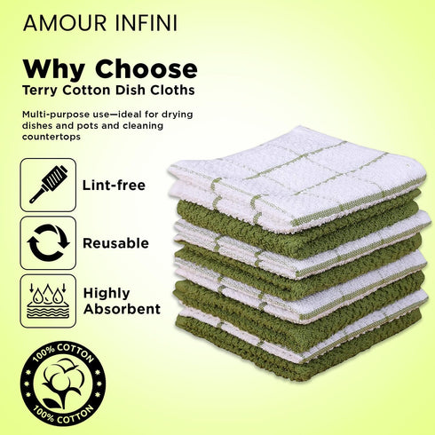 AMOUR INFINI Cotton Kitchen Dish Cloths Set of 8 – Highly Absorbent, Super Soft Premium Terry Cleaning Cloth (12"x12" Inch) Premium Dishcloths for...
