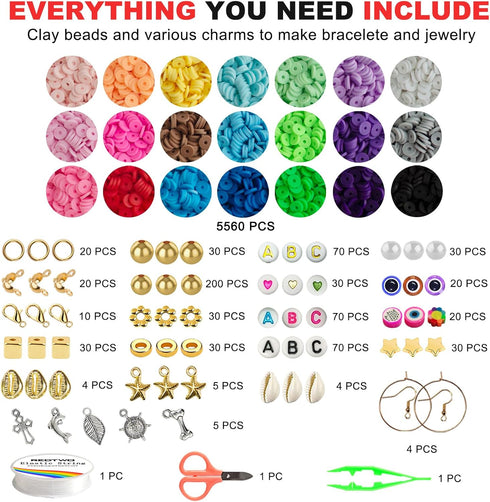 Redtwo 6200 Pcs Clay Beads Bracelet Making Kit, Flat Round Polymer Heishi Friendship Bracelet Jewelry Kit with Charms and Elastic Strings for Girl...