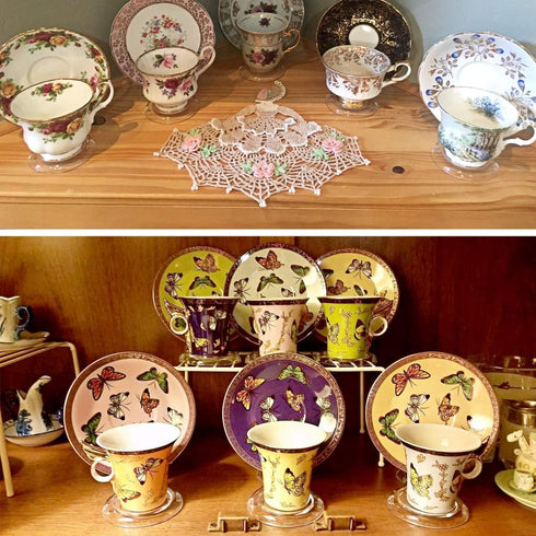 Hipiwe Acrylic Tea Cup Saucer Display Stands Clear Dinnerware Display Easel Stand Teacup Sets Plate Holder,Pack of 8 (8pcs,Short Legs)...