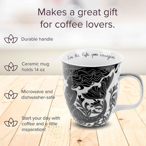 Karma Gifts 16 oz Black and White Boho Mug Mermaid - Cute Coffee and Tea Mug - Ceramic Coffee Mugs for Women and Men...