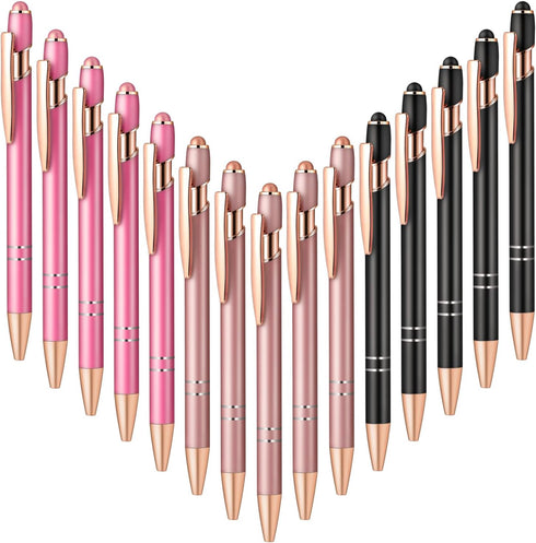 Aozora 15 Pieces Retractable Ballpoint Pens Black Ink 1.0 mm with Stylus Tip Touch School Office Decor Supplies Pretty Aesthetic Pens (Rose Gold,P...