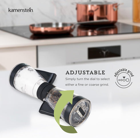 KAMENSTEIN One-Handed 2-in-a-1 Dual Salt and Pepper Grinder-Adjustable and Refillable, 8-Inch, Black...