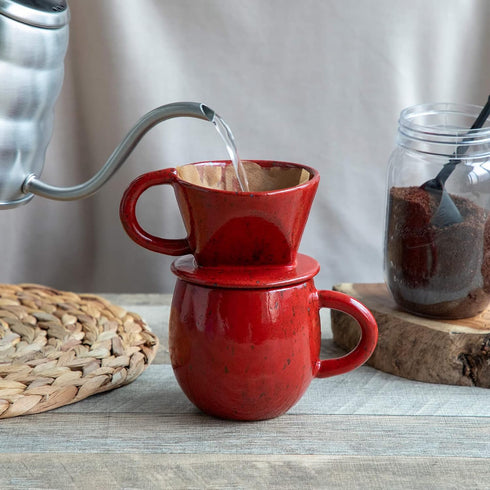 Asayu Japan Ceramic Coffee Pour Over Maker Set in Chrome Red, Slow Brewing Paper Filter Holder and Dripper with 3 Holes for Coffee and Tea (Coffee...