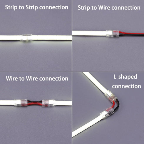 2 Pin 5mm COB LED Strip Connectors Transparent Solderless, 8 Pcs Strip to Strip, 22 Pcs Strip to Wire, 11 Pcs 22AWG 15cm/5.9in Long Extension Wire...