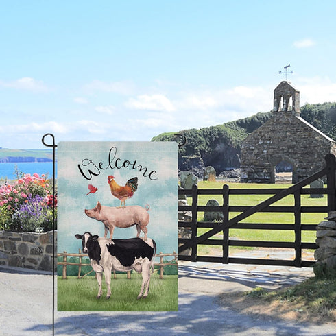 Welcome Summer Rooster Pig Cow Cardinal Farm Decorative Garden Flag, Country Yard Outside Decoration, Spring Farmhouse Outdoor Small Decor 12x18...
