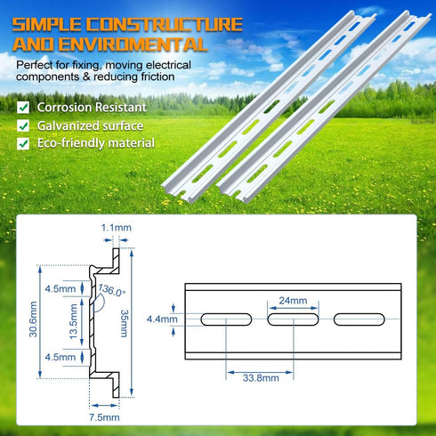 6 Piece Aluminum DIN Rails, 4 Inches Long, 35mm Wide, 7.5mm High, Top Hat Slotted DIN Rail with RoHS, Extra Premium Screws Included for Hardware C...