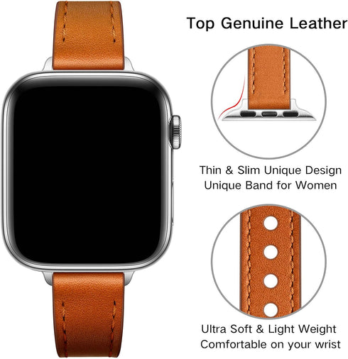 OUHENG Slim Bands Compatible with Apple Watch Band 42mm 41mm 40mm 38mm, Women Genuine Leather Replacement Thin Strap for iWatch SE2 SE Series 10 9...