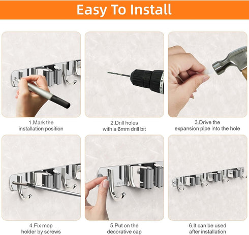 Mop and Broom Holder Wall Mount, Upgraded Broom Organizer Wall Mount, Stainless Steel Broom Hanger Wall Mount for Home Kitchen Garden Laundry Gara...