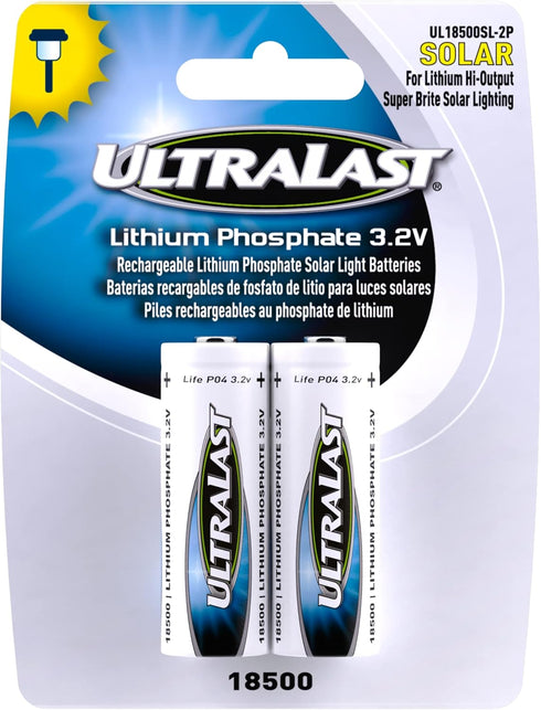UL18500SL-2P 18500 Battery - Lithium Phosphate RechargeableFlat Top Batteries - 3.2 Volt, 1000mAh Replacement Lithium Batteries for Flashlights, O...