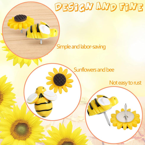 Sunflower Bee Push Pins, Thumb Tacks Decorative Push Pins Cork Board Pins for Bulletin Board Photos Wall Office Decorations Supplies...