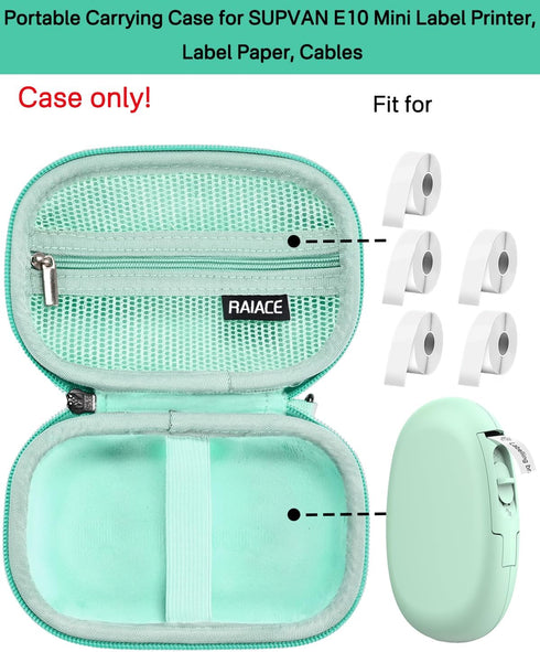 RAIACE Hard Travel Storage Case Compatible with SUPVAN E10 Mini Label Printer, Mesh Pocket for Label Paper, Cables and accessories. - Green...