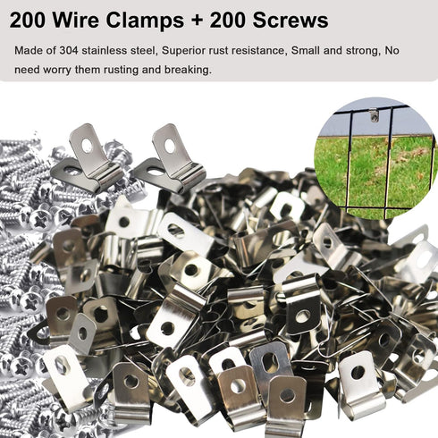 200 Pcs Fence Wire Clamps with 200 Pcs Screws, Stainless Steel Wire Clips Mount Welded Wire to Vinyl, Wood or Metal Fence (for 12-16 Gauge Wire Fe...