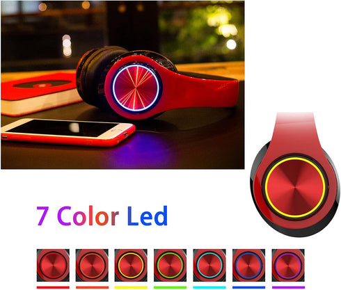 Bluetooth Over Ear Headphones, Colorful LED Lights Deep Bass Headphones with Microphone, Lightweight Wired and Wireless Foldable HiFi Stereo Headp...