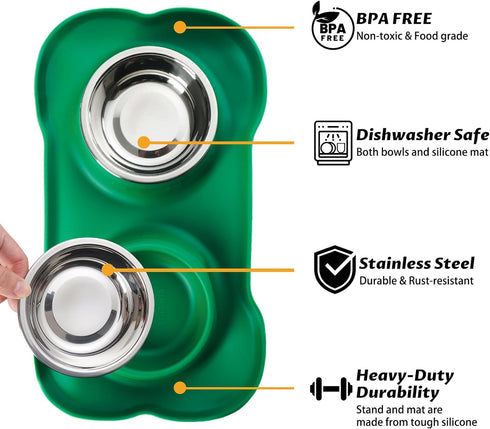Hubulk Pet Dog Bowls 2 Stainless Steel Dog Bowl with No Spill Non-Skid Silicone Mat + Pet Food Scoop Water and Food Feeder Bowls for Feeding Small...