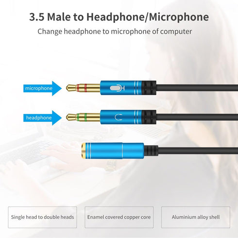 Headphone Splitter for Computer 3.5mm Female to 2 Dual 3.5mm Male Headphone Mic Audio Y Splitter Cable Smartphone Headset to PC Adapter(100CM, Bla...